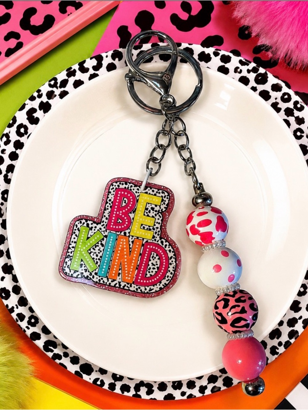 Hand Crafted Be Kind Multicolor Keychain with Pink Animal Beads